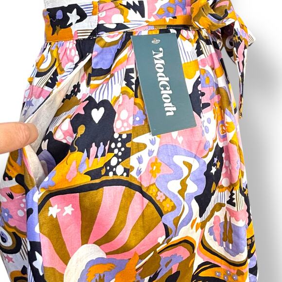 ModCloth Psychedelic Midi Skirt Retro Pink Orange Purple Tie Waist Bow Detail - Picture 5 of 9